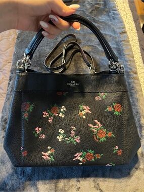 COACH Black Floral Pebbled Leather Shoulder Bag